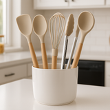 Cozinha Prática Conjunto 5 Utensílios Silicone Cabo Madeira Porta Utensílios