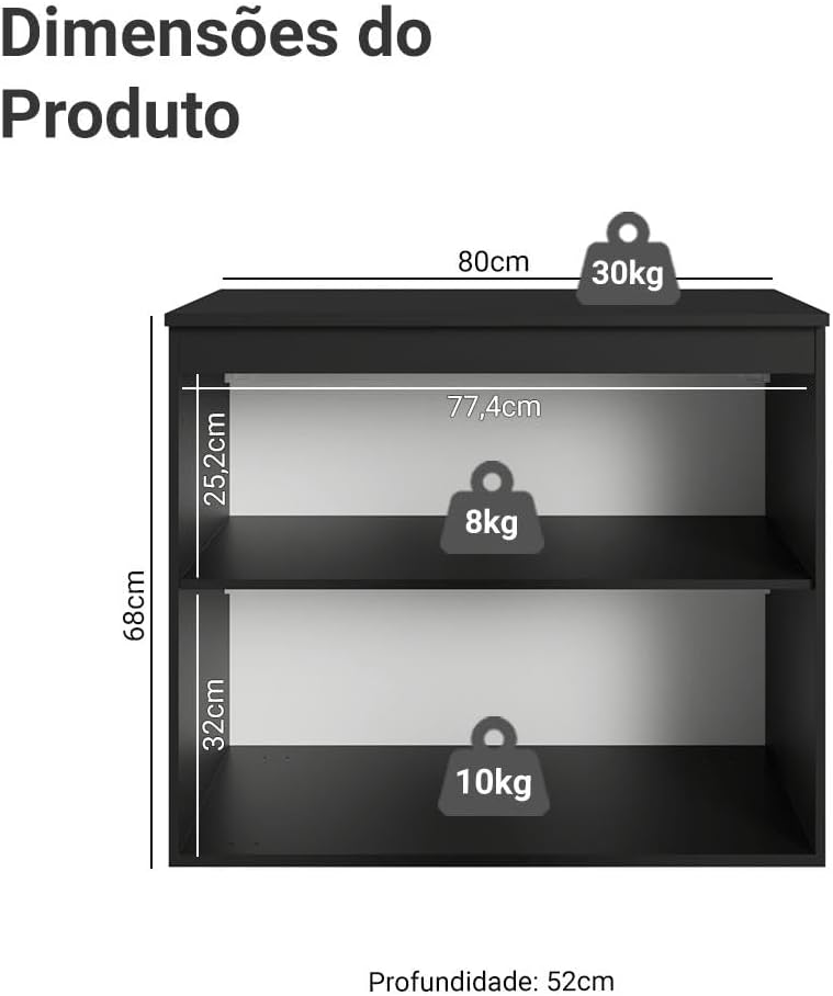 Madesa Balcão De Cozinha Suspenso Nice Preto 80cm 2 Portas