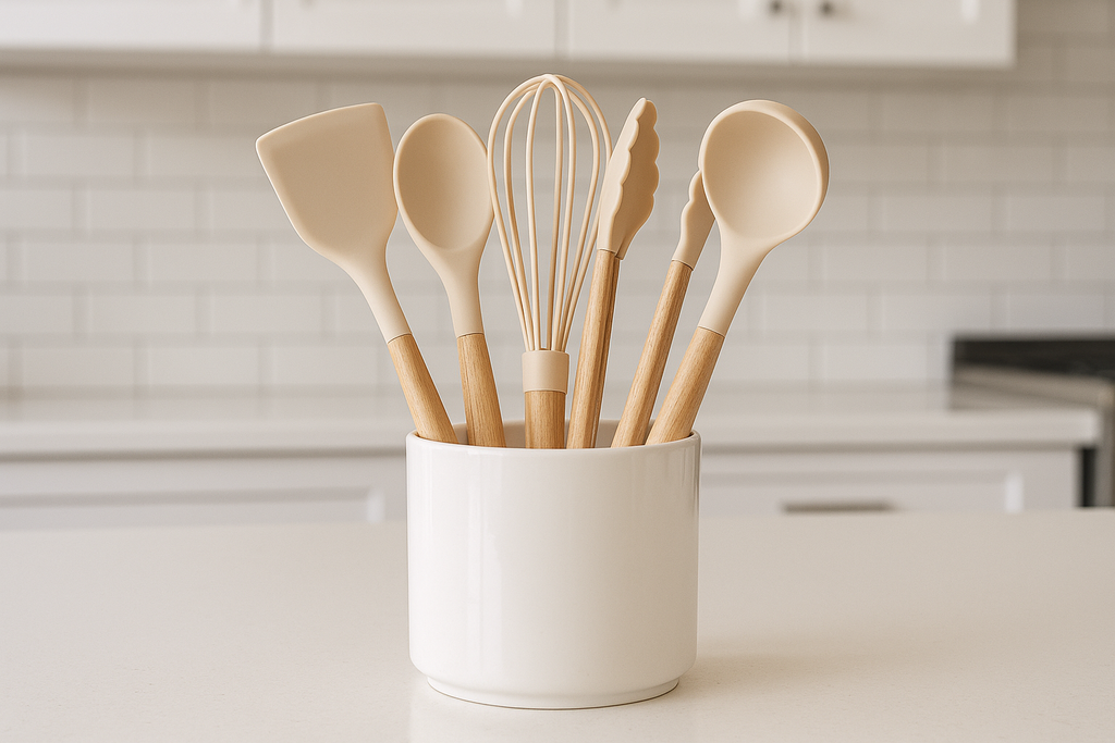 Cozinha Prática Conjunto 5 Utensílios Silicone Cabo Madeira Porta Utensílios