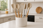 Cozinha Prática Conjunto 5 Utensílios Silicone Cabo Madeira Porta Utensílios