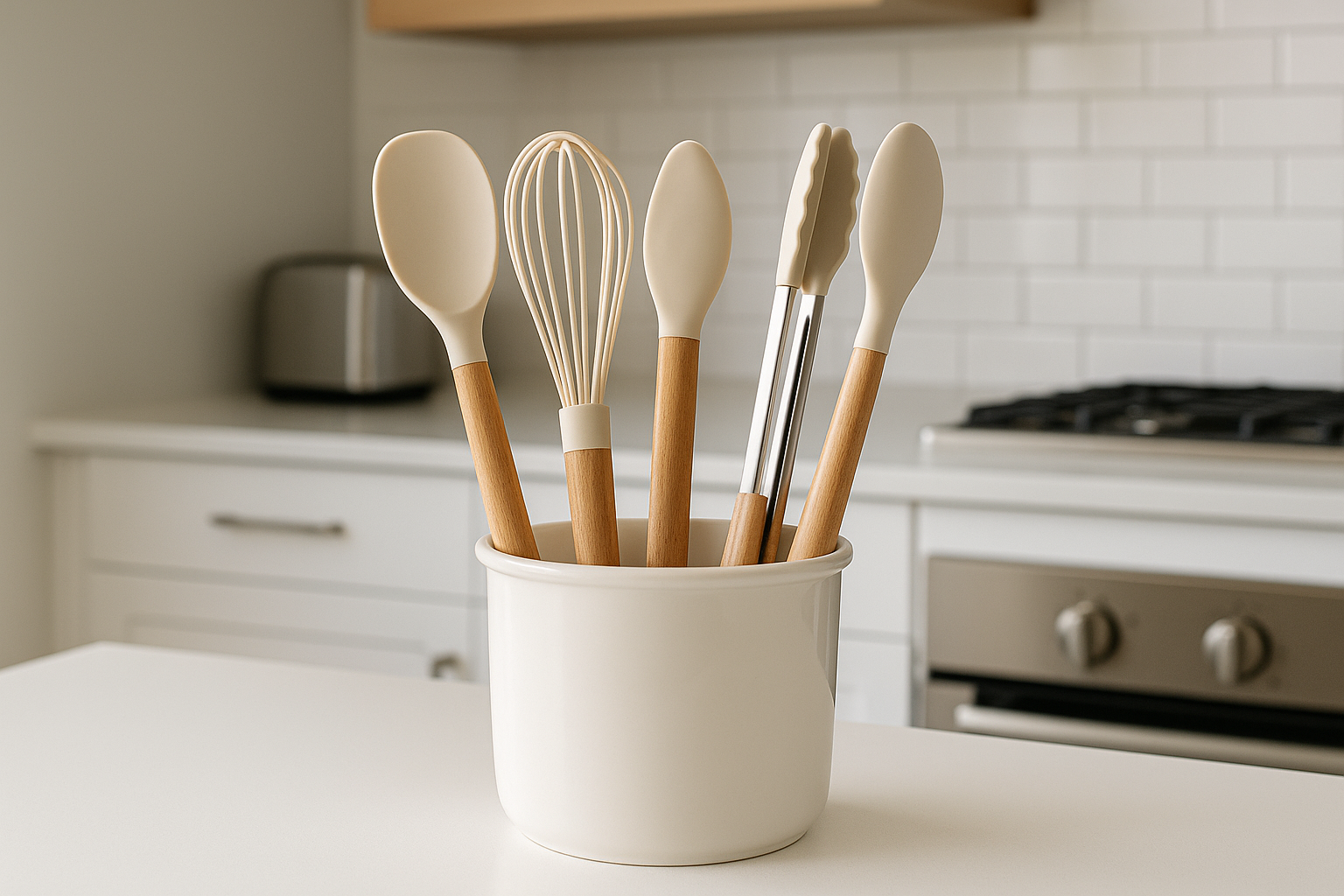 Cozinha Prática Conjunto 5 Utensílios Silicone Cabo Madeira Porta Utensílios