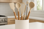 Cozinha Prática Conjunto 5 Utensílios Silicone Cabo Madeira Porta Utensílios